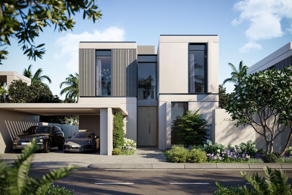 Aerial shot of Fay Hills in Masdar City featuring eco-luxury villas, green corridors, and a wellness-inspired community layout.